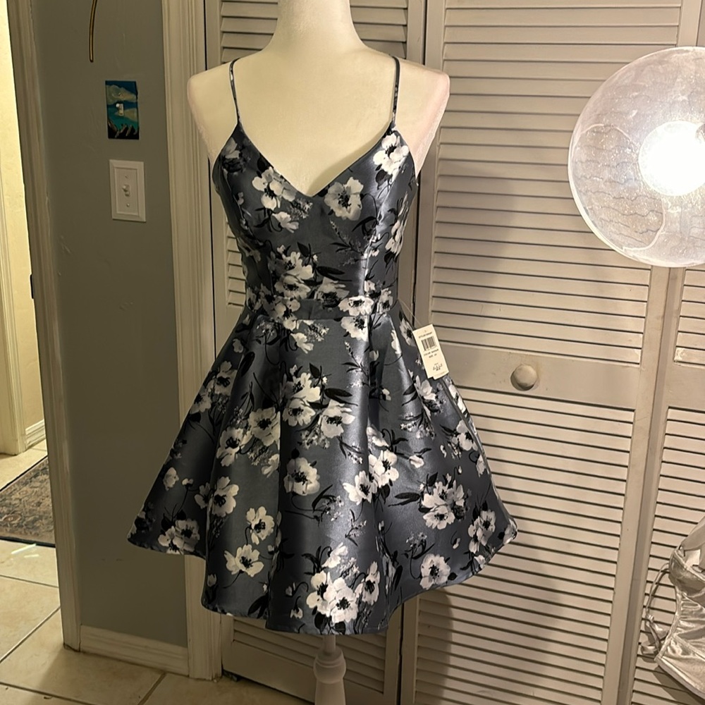 Formal steel blue floral dress W/ lace back
